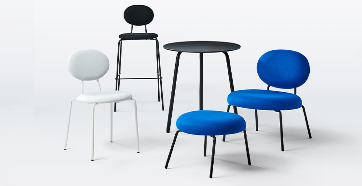 RNA Family_ consists of a stackable chair, barstools, a lounge chair with ottoman and tables